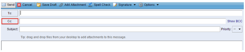 A screenshot of an empty email message window with an empty "To" field, an empty "Subject" field, and an empty message body. The "Cc" field is outlined in a red box.