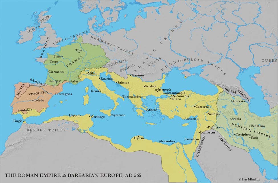 Map of The Roman Empire and Barbarian Europe 565 CE