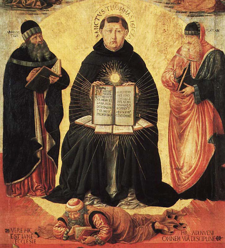 St. Thomas Aquinas. Note that the artist shows him defeating the non-Christian Aristotelian philosophy of Ibn Rushd.