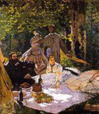 A painting of the Dejeuner sur l'herbe which depicts a woman and man sitting around a table outside, and a man and woman talking beneath a tree.