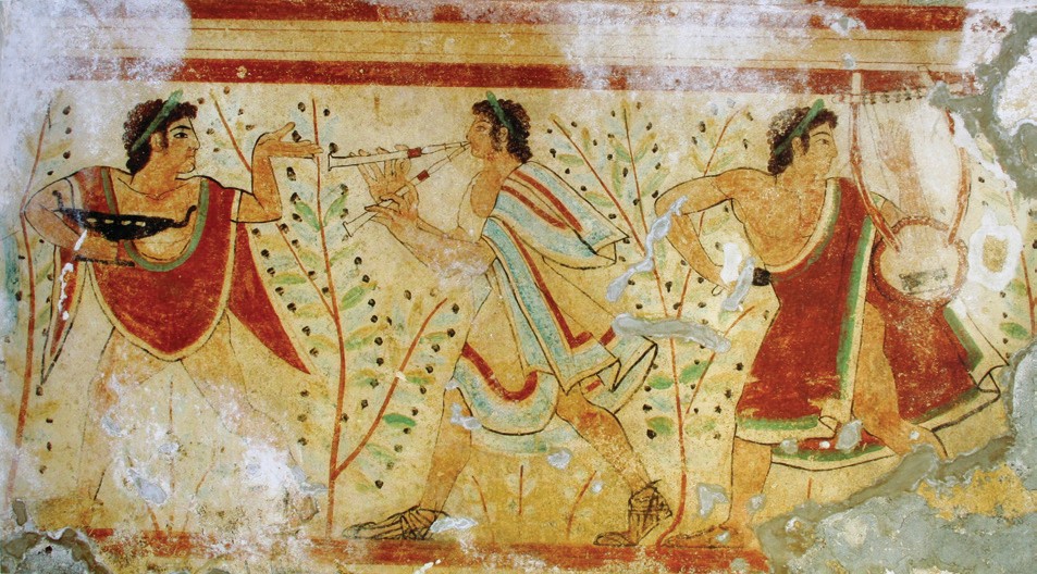 5th century BC fresco of dancers and musicians, Tomb of the Leopards, Monterozzi necropolis, Tarquinia, Italy 