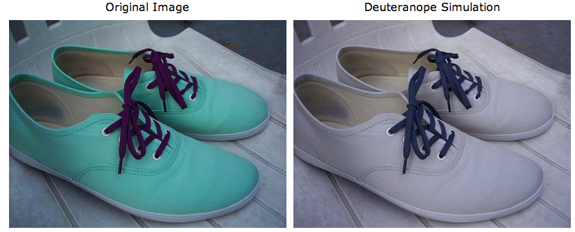 Two pairs of shoes, one depicting original color and another depicting a possible variation in color due to color blindness.