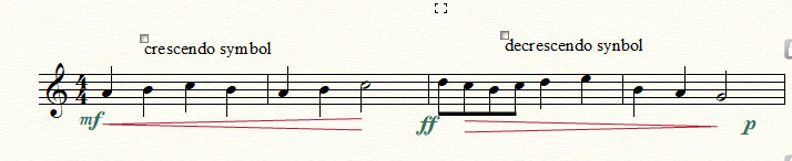 music notes with a crescendo symbol and a decrescendo symbol
