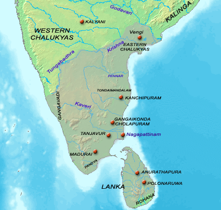 Map of The Chola Kingdom during the reign of Rajaraja I (r. 985-1012)