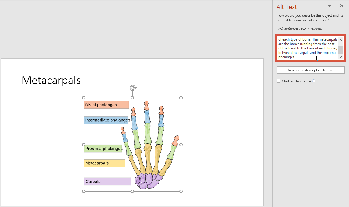 A PowerPoint slide. The Alt Text menu has been pulled up and there is text describing the image in the box provided.