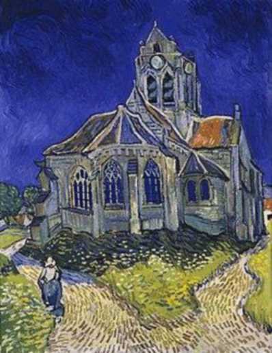 A painting of The Church at Auvers which depicts a large house and a women walking down the pathway at night.