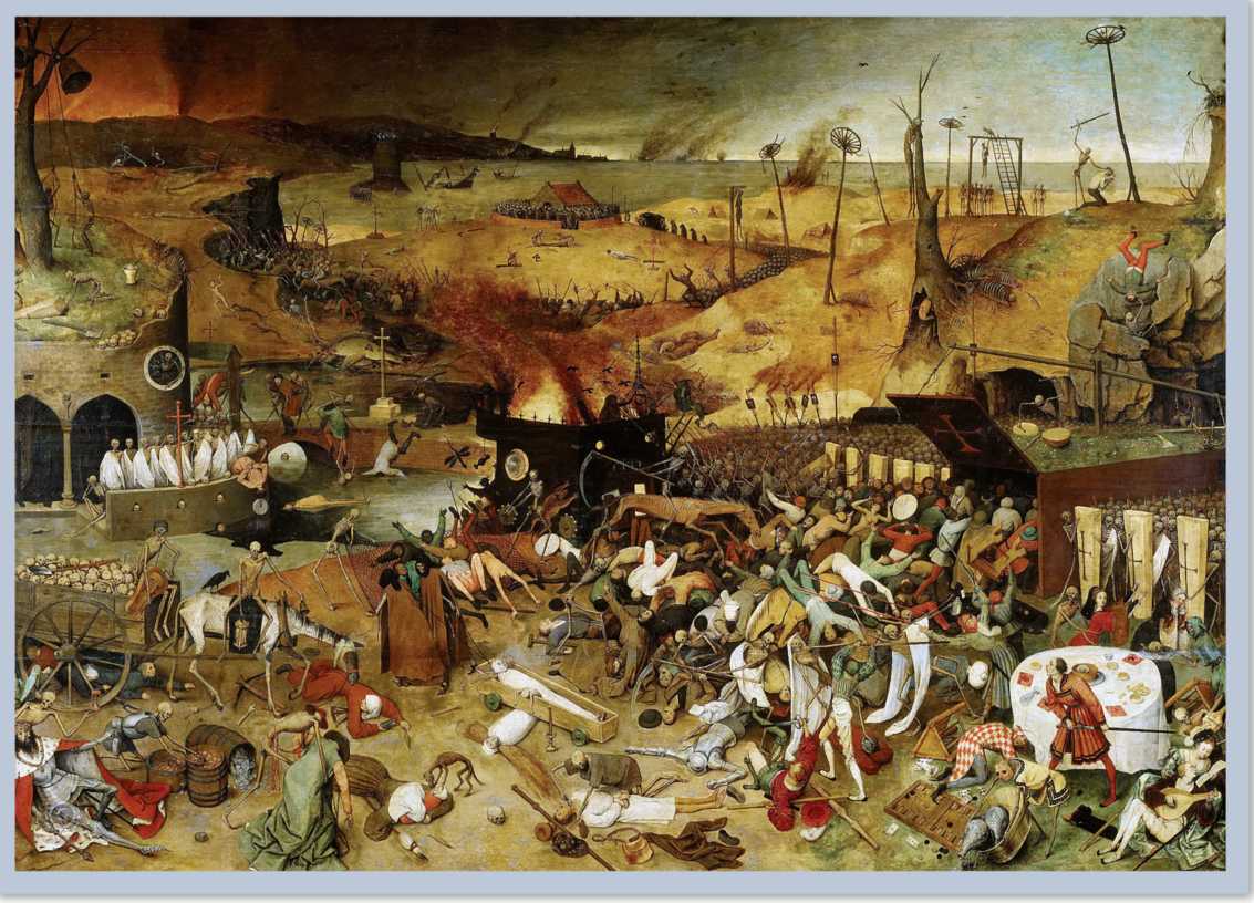 Several dead people lie on the ground, and a few people walk through the remains.