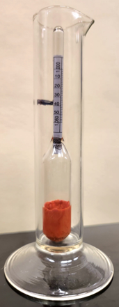 A hydrometer set up in  a glass beaker. No urine is in the beaker.