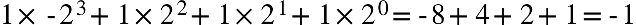 1 cross times short dash 2 cubed plus 1 cross times 2 squared plus 1 cross times 2 to the power of 1 plus 1 cross times 2 to the power of 0 equals short dash 8 plus 4 plus 2 plus 1 equals short dash 1