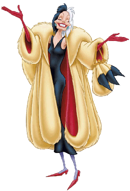 Clip art of Cruella de Vil from the Disney movie 101 Dalmations. She is wearing a large fur coat, a black dress, red heels, and red gloves. She has a fur purse. Her hair is black and white. She has red lips and she is smiling wildly. She is very thin.