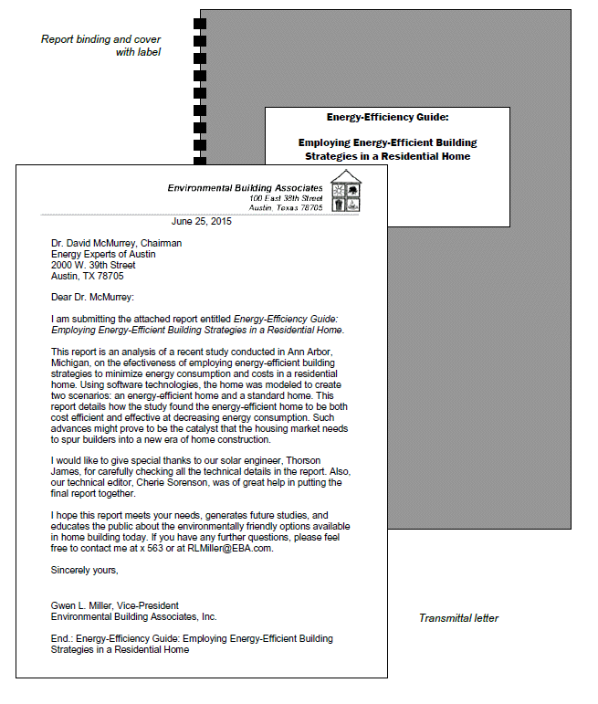A diagram showing two documents: a report cover and a transmittal letter. The report cover is titled "Energy-Efficiency Guide: Employing Energy-Efficient Building Strategies in a Residential Home." The transmittal letter is addressed to Dr. David McMurroy, dated June 25, 2015, and mentions submitting the attached report with the same title.