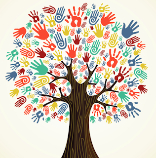 A tree with paint hand prints for leaves