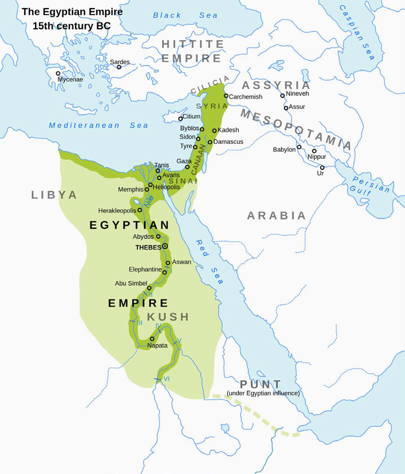 Map of Egypt during its Imperialistic New Kingdom, c. 1400 BCE spreading from Egypt up the coast of the Mediteranean sea into Syria.