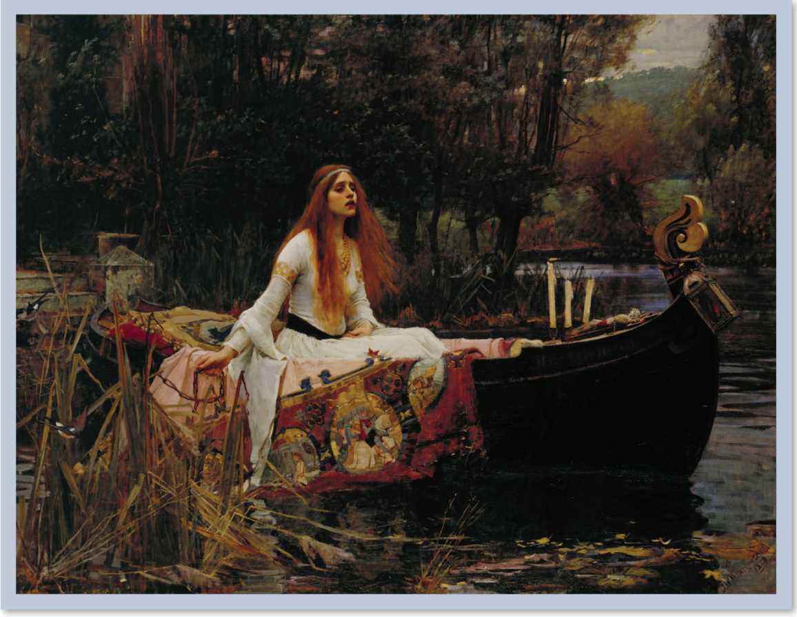 A woman in a white garment in a canoe in tree-filled waters.