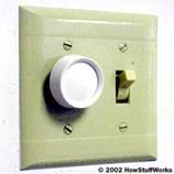 Two light switches, one with a round dimmer switch, and one with a lever on/off switch.