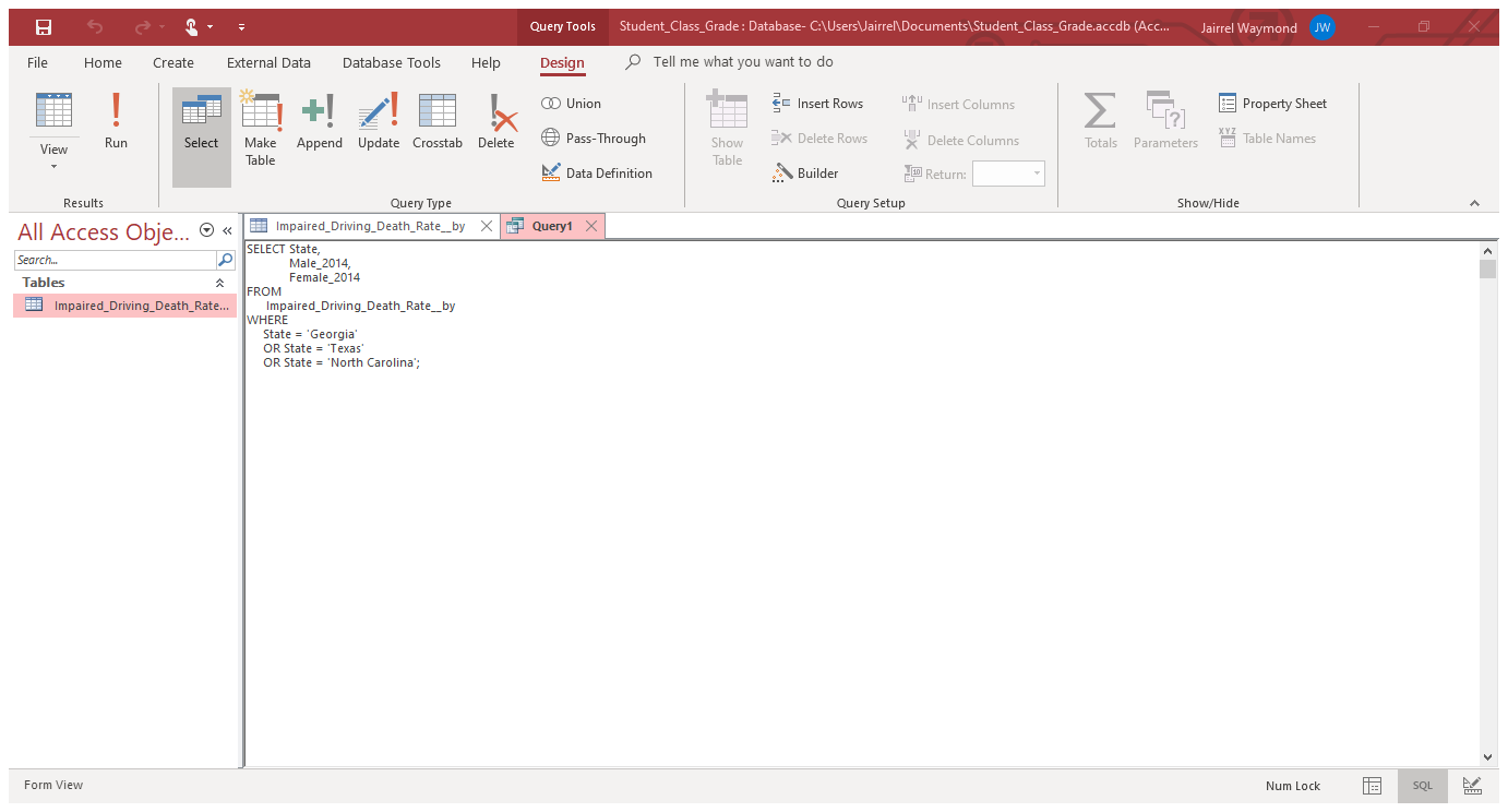Access - Student_Class_Grade : Database- C:\Users\Jairrel\Documents\Student_Class_Grade.accdb (Access 2007 - 2016 file format)