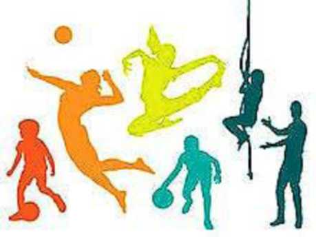 An image of cartoon people playing sports, such as ball and climbing rope.