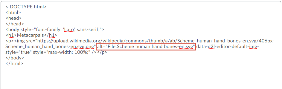 An HTML-based editor. The alt attribute on the image tag is highlighted.
