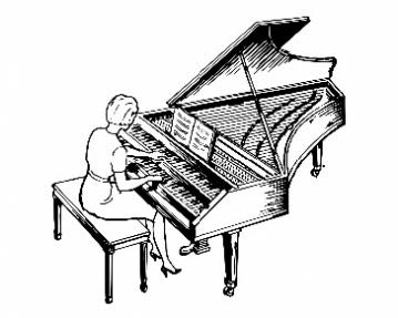 a drawing of a woman playing a harpsichord