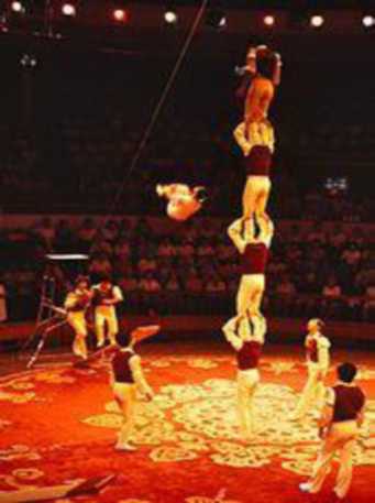 Acrobats stand on top of one another, and one acrobat is in the air. 
