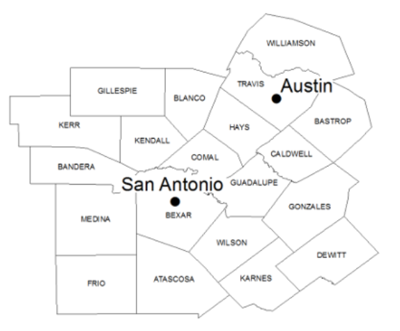 a map with all counties in the area labeled