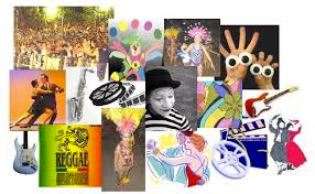 Collage of different photographs and clip art images representing forms of culture such as dance, film, mime, music, etc.