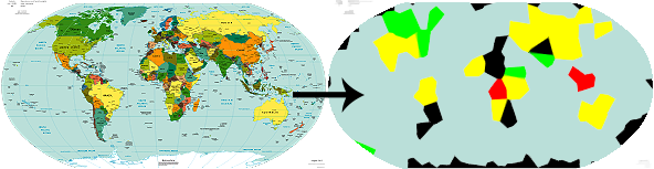 Earth simplified, with the continents as shapes without clear borders between countries