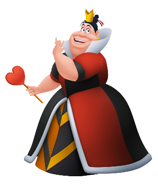 Clip art of the Queen of Hearts from the Disney movie Alice in Wonderland. She has a black and red dress, a black and yellow skirt, and gold crown. She is holding a scepter with a red heart. She is heavy-set.