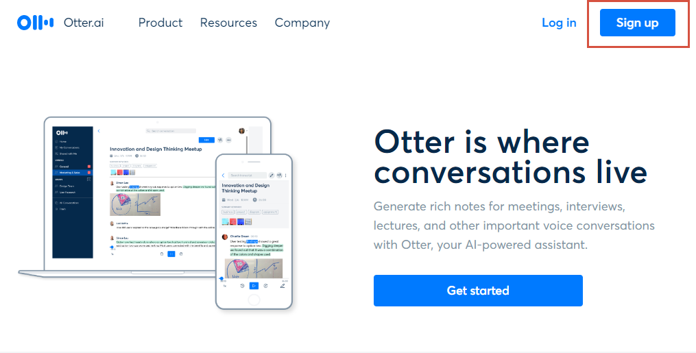 The Otter homepage. Sign up is highlighted.