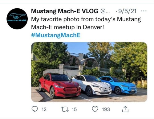 A tweet by a Ford Mustang Mach-E consumer: My favorite photo from today's Mustang Mach-E meetup in Denver!