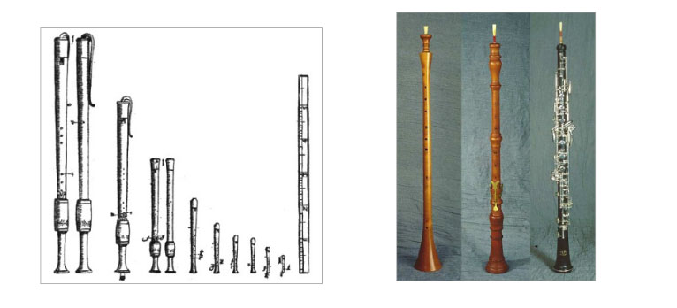 The picture on the left shows Renaissance recorders. On the right the first instrument is a shawm, the second a Baroque oboe and the third a modern oboe.