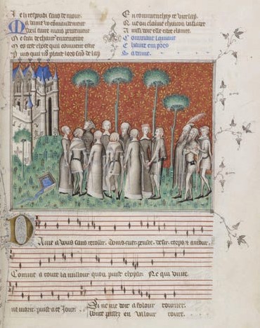 Group of people dancing depicted in Machaut’s manuscript 
