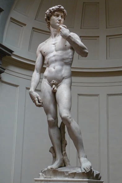Michelangelo’s rendition of David preparing to fight Goliath, stone in hand and sling over his shoulder; 1501-1504 