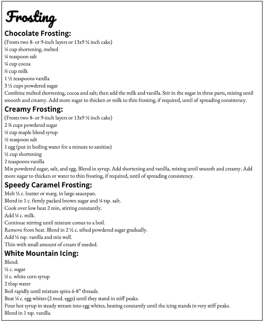 A document containing recipes for four different frostings: Chocolate Frosting, Creamy Frosting, Speedy Caramel Frosting, and White Mountain Icing. Each recipe lists ingredients and then provides numbered instructions on how to prepare the frosting.