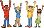 Clip art of kids lifting their hands to the sky while playing Simon Says.