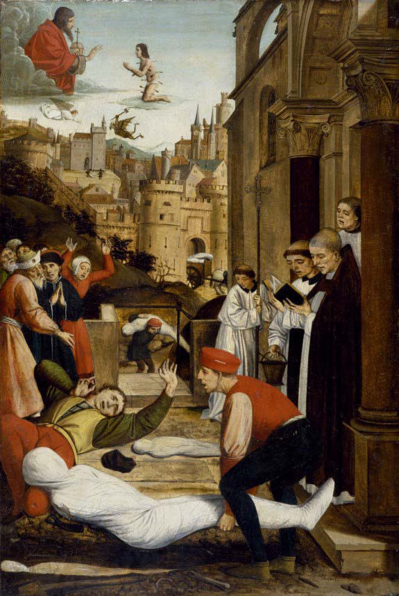 Victims of the Black Death. St. Sebastian in heaven praying to God on behalf of the Plague’s victims.