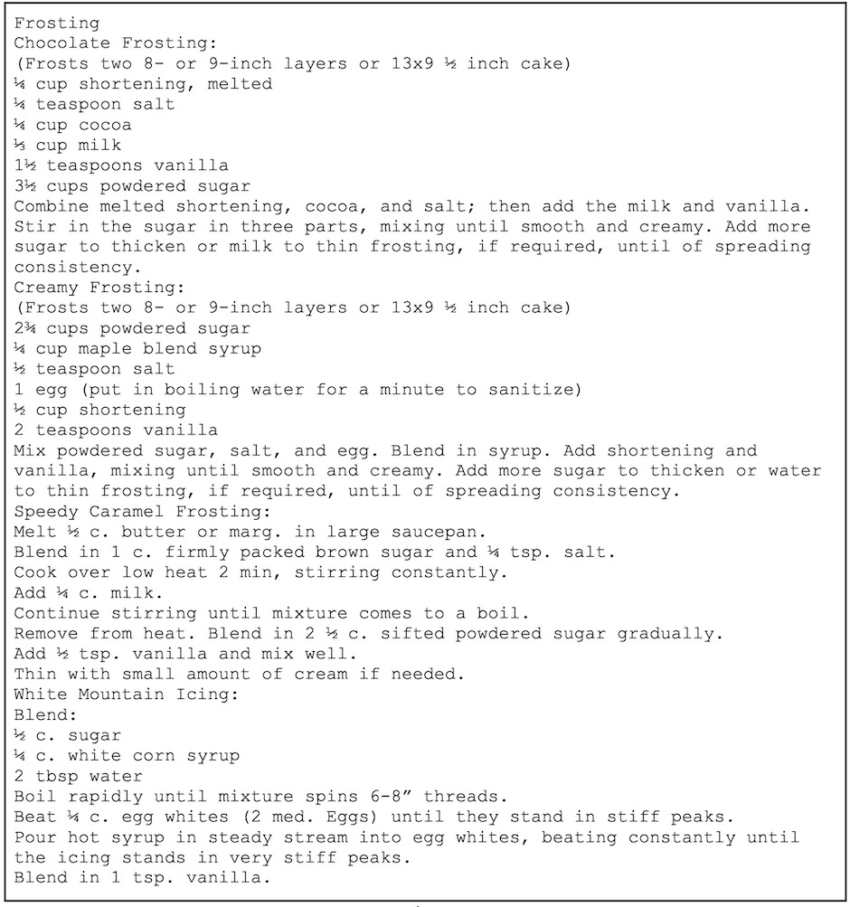 A document containing recipes for four different frostings: Chocolate Frosting, Creamy Frosting, Speedy Caramel Frosting, and White Mountain Icing. Each recipe lists ingredients and then provides numbered instructions on how to prepare the frosting.
