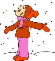 Clip art of someone standing out in the snow wearing gloves, a scarf, and a wool hat.