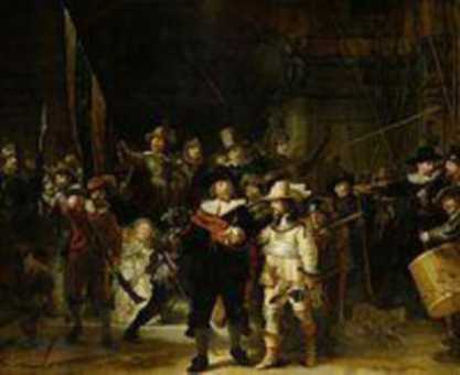 A painting of The Night Watch which depicts several men holding staves, some women, and a man playing a drum.