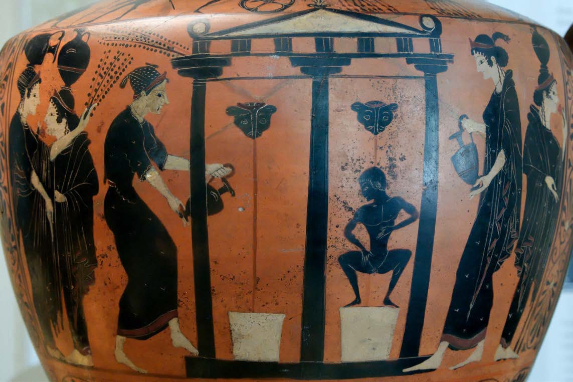 Attic Black-Figure Hydria, c. 520 BCE. Shows women getting water from a public fountain.