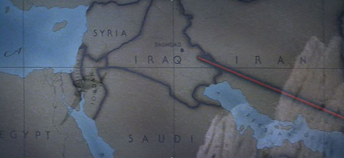 A shot from an Indiana Jones movie showing a map of the Middle East, with the countries of Syria, Iraq, Iran, Jordan, Saudi Arabia, and Egypt labeled. A thick red line is drawn across the map, starting in Baghdad, Iraq, and extending eastward across Iran.