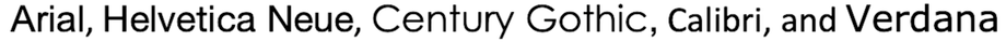 The image displays a list of five different font names: Arial, Helvetica Neue, Century Gothic, Calibri, and Verdana. The words themselves are written in the respective fonts they represent. The text is in a light color against a black background.