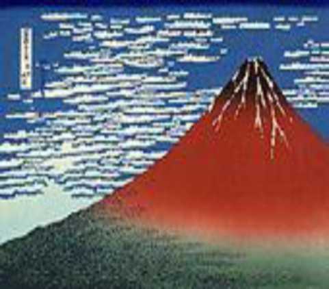 A painting of Red Fuji in front of a body of water.