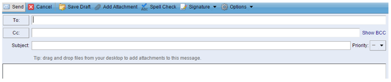 A screenshot of a blank email message window. The header of the window shows buttons for "Send," "Cancel," "Save Draft," "Add Attachment," "Spell Check," and "Signature." The body of the email is empty, with fields for "To," "Cc," and "Subject" visible above it.