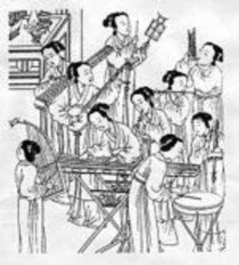 Chinese women playing instruments. They play percussion, string instruments, and wind instruments. 