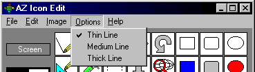A screenshot of an old icon editing tool interface with the options menu open
