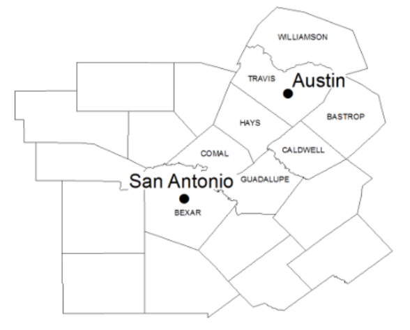 a map with specific counties labeled