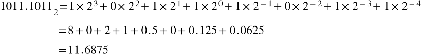 {"mathml":"<math style=\"font-family:stix;font-size:16px;\" xmlns=\"http://www.w3.org/1998/Math/MathML\"><mstyle mathsize=\"16px\"><mn>1011</mn><mo>.</mo><msub><mn>1011</mn><mn>2</mn></msub><mo>=</mo><mn>1</mn><mo>&#xD7;</mo><msup><mn>2</mn><mn>3</mn></msup><mo>+</mo><mn>0</mn><mo>&#xD7;</mo><msup><mn>2</mn><mn>2</mn></msup><mo>+</mo><mn>1</mn><mo>&#xD7;</mo><msup><mn>2</mn><mn>1</mn></msup><mo>+</mo><mn>1</mn><mo>&#xD7;</mo><msup><mn>2</mn><mn>0</mn></msup><mo>+</mo><mn>1</mn><mo>&#xD7;</mo><msup><mn>2</mn><mrow><mo>-</mo><mn>1</mn></mrow></msup><mo>+</mo><mn>0</mn><mo>&#xD7;</mo><msup><mn>2</mn><mrow><mo>-</mo><mn>2</mn></mrow></msup><mo>+</mo><mn>1</mn><mo>&#xD7;</mo><msup><mn>2</mn><mrow><mo>-</mo><mn>3</mn></mrow></msup><mo>+</mo><mn>1</mn><mo>&#xD7;</mo><msup><mn>2</mn><mrow><mo>-</mo><mn>4</mn></mrow></msup><mspace linebreak=\"newline\"/><mo>&#xA0;</mo><mo>&#xA0;</mo><mo>&#xA0;</mo><mo>&#xA0;</mo><mo>&#xA0;</mo><mo>&#xA0;</mo><mo>&#xA0;</mo><mo>&#xA0;</mo><mo>&#xA0;</mo><mo>&#xA0;</mo><mo>&#xA0;</mo><mo>&#xA0;</mo><mo>&#xA0;</mo><mo>&#xA0;</mo><mo>&#xA0;</mo><mo>&#xA0;</mo><mo>&#xA0;</mo><mo>&#xA0;</mo><mo>&#xA0;</mo><mo>=</mo><mn>8</mn><mo>+</mo><mn>0</mn><mo>+</mo><mn>2</mn><mo>+</mo><mn>1</mn><mo>+</mo><mn>0</mn><mo>.</mo><mn>5</mn><mo>+</mo><mn>0</mn><mo>+</mo><mn>0</mn><mo>.</mo><mn>125</mn><mo>+</mo><mn>0</mn><mo>.</mo><mn>0625</mn><mspace linebreak=\"newline\"/><mo>&#xA0;</mo><mo>&#xA0;</mo><mo>&#xA0;</mo><mo>&#xA0;</mo><mo>&#xA0;</mo><mo>&#xA0;</mo><mo>&#xA0;</mo><mo>&#xA0;</mo><mo>&#xA0;</mo><mo>&#xA0;</mo><mo>&#xA0;</mo><mo>&#xA0;</mo><mo>&#xA0;</mo><mo>&#xA0;</mo><mo>&#xA0;</mo><mo>&#xA0;</mo><mo>&#xA0;</mo><mo>&#xA0;</mo><mo>&#xA0;</mo><mo>=</mo><mn>11</mn><mo>.</mo><mn>6875</mn></mstyle></math>"}

1011.1011 subscript 2 equals 1 cross times 2 cubed plus 0 cross times 2 squared plus 1 cross times 2 to the power of 1 plus 1 cross times 2 to the power of 0 plus 1 cross times 2 to the power of negative 1 end exponent plus 0 cross times 2 to the power of negative 2 end exponent plus 1 cross times 2 to the power of negative 3 end exponent plus 1 cross times 2 to the power of negative 4 end exponent
equals 8 plus 0 plus 2 plus 1 plus 0.5 plus 0 plus 0.125 plus 0.0625
equals 11.6875