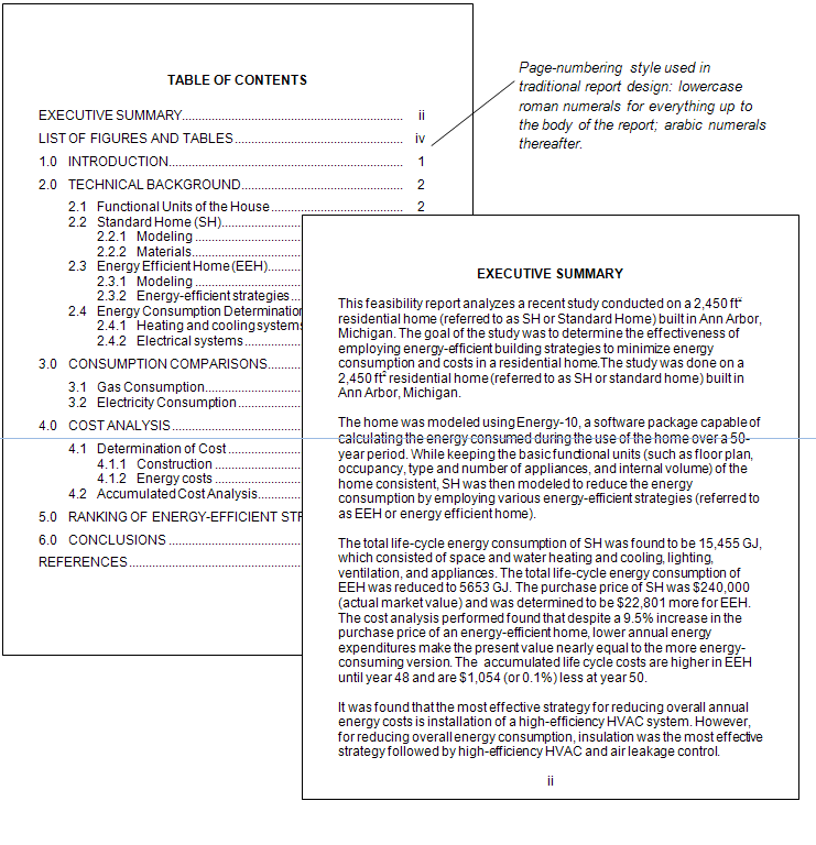A diagram showing two pages of a report, a table of contents and an executive summary. A callout points to the page numbering, which uses lowercase Roman numerals, and explains that this style is used for the front matter of a report, while the main body uses Arabic numerals. The table of contents lists sections such as "Introduction," "Technical Background," "Consumption Comparisons," and "Conclusions."