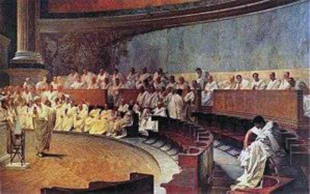 A painting of people sitting in a roman court.
